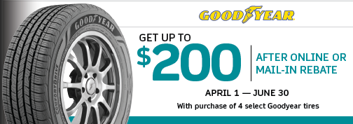 Goodyear 4 Tire up to $200 PrePaid Visa Card Mail in Rebate 4/1/2024 through 6/30/2024 rebate